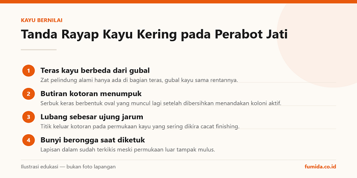 Infografis: Tanda Rayap Kayu Kering pada Perabot Jati